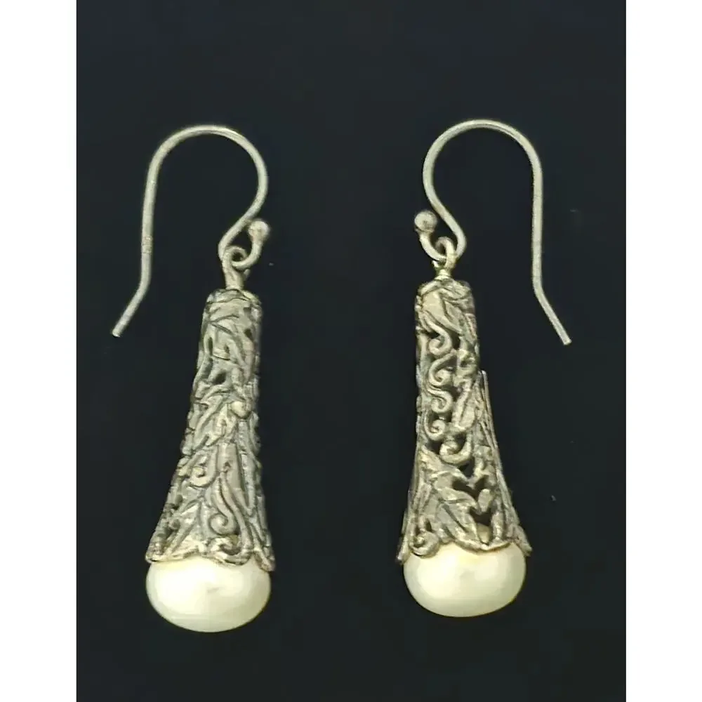 Vintage Sterling Silver Bali Balinese Pearl Dangle Drop Earrings 1.5
